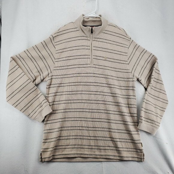 IZOD Sweater Men's Long Sleeve Striped 1/4 Zip Pullover High Neck Tan Large - Picture 2 of 12